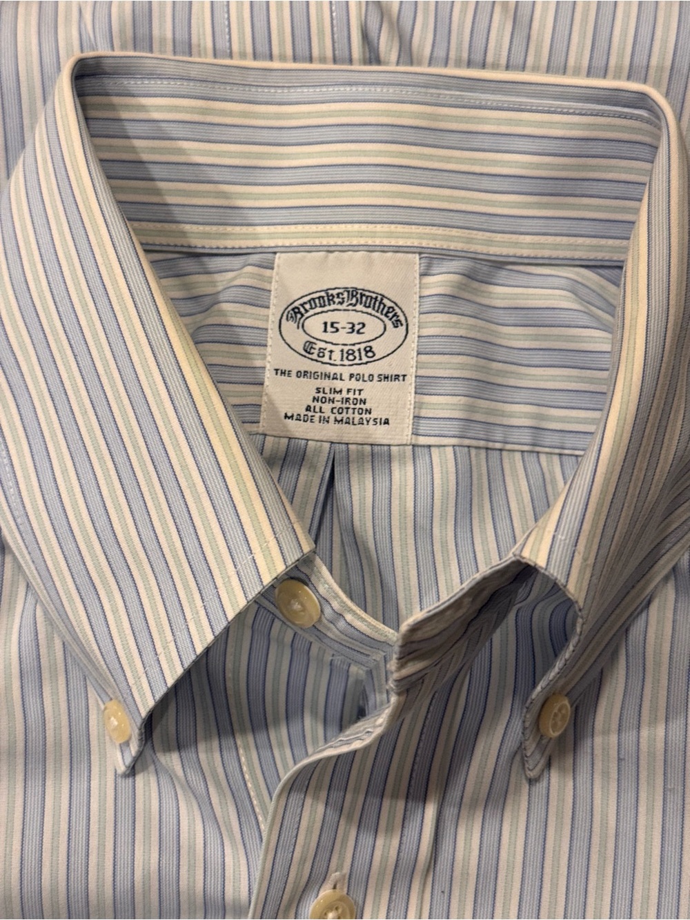 Brooks Brothers Mens 15-32 Blue Stripe Non-Iron Cotton Button Down Dress Shirt